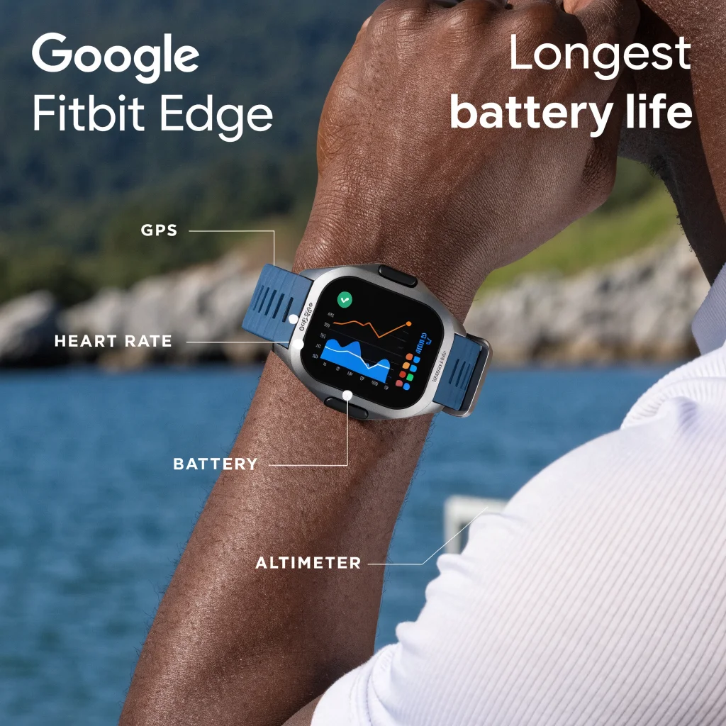 A realistic photo of the Google Fitbit Edge wearable fitness tracker displayed on a wrist, highlighting improved battery life and design for health monitoring.