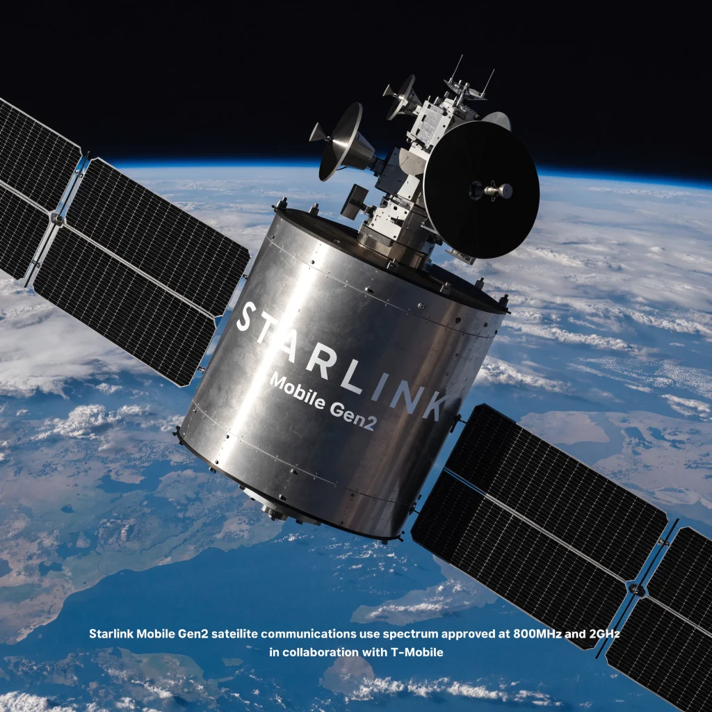 A realistic photo of a SpaceX Starlink satellite in orbit representing the approved 800MHz and 2GHz spectrum for Starlink Mobile Gen2 satellite communications with T-Mobile collaboration.