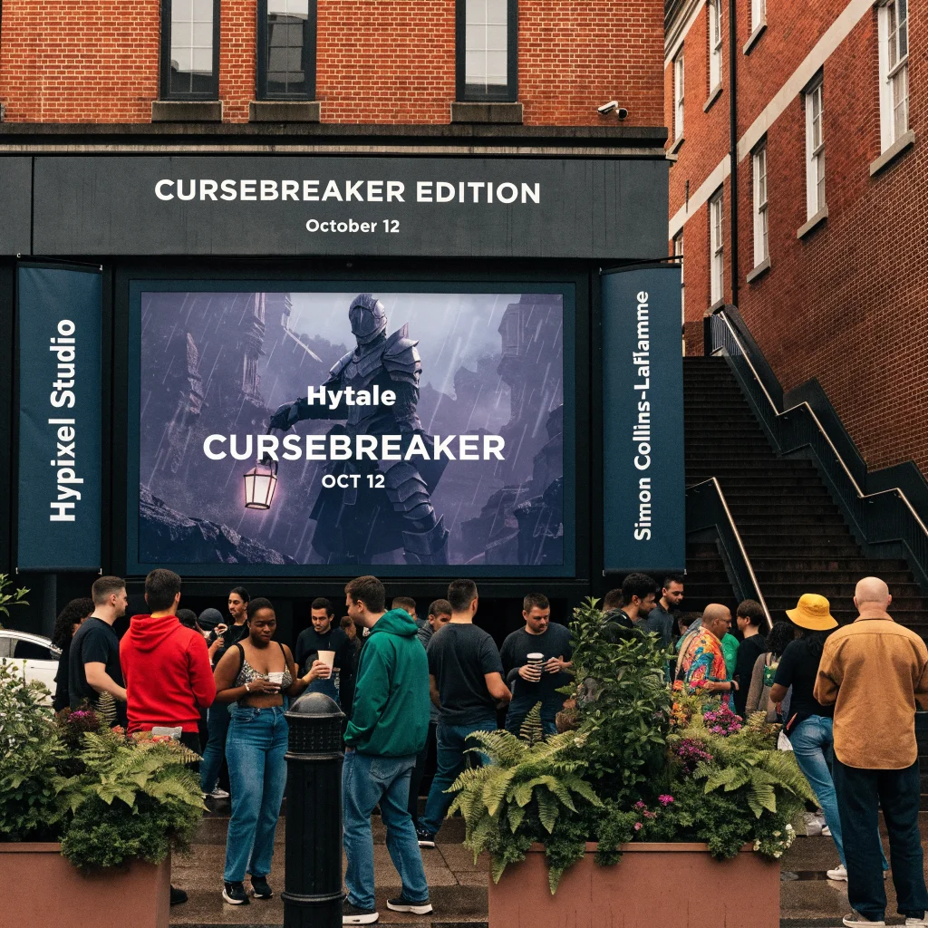 A realistic photo of a gaming event showcasing Hytale's Cursebreaker Edition release on October 12, with banners featuring Hypixel Studio and Simon Collins-Laflamme.