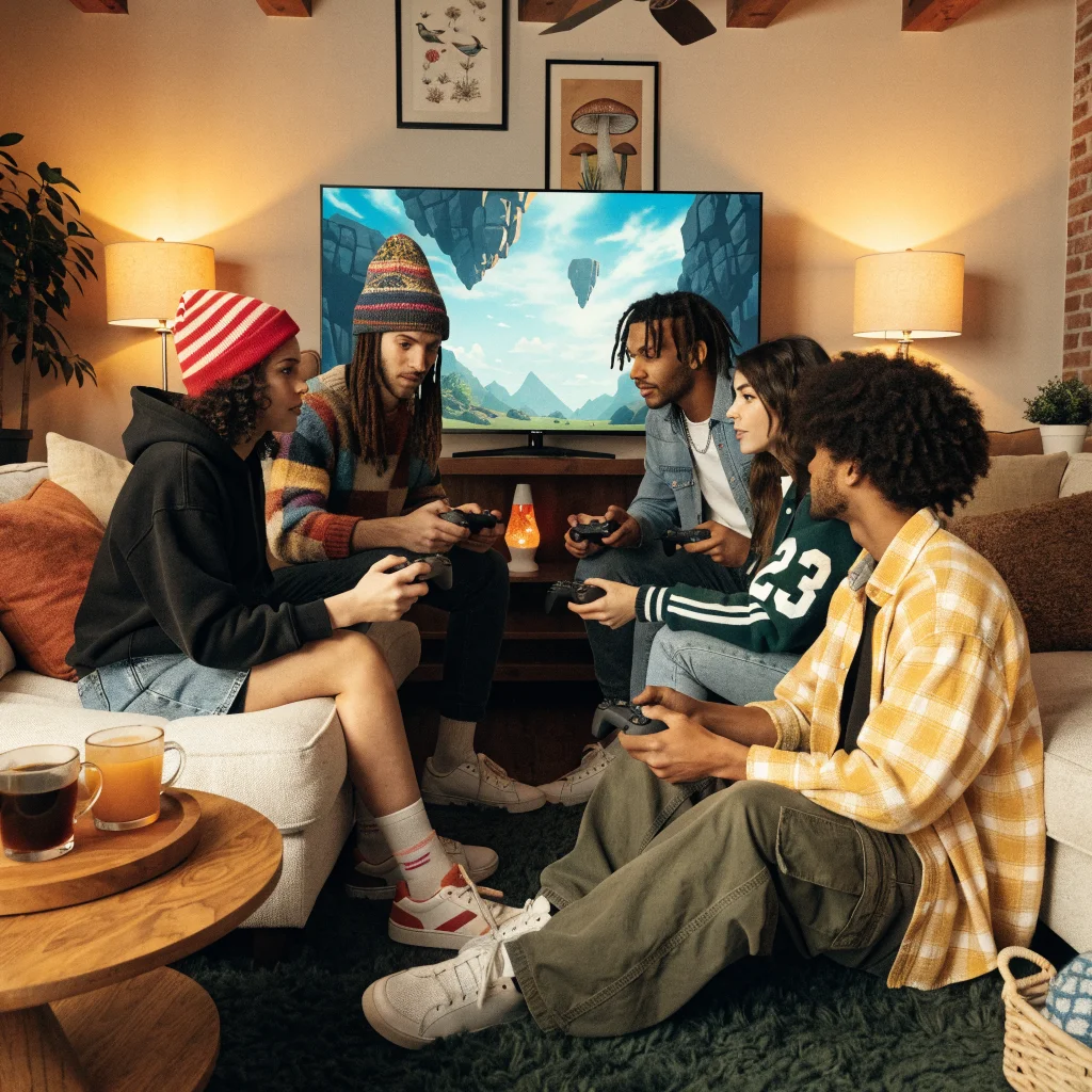 A group of friends collaborating in a cozy living room, playing an online co-op puzzle adventure game on a large screen.