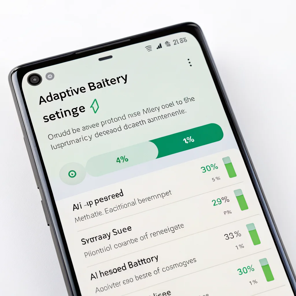 A realistic photo showing a Pixel 10 smartphone screen displaying Adaptive Battery settings optimizing energy use with AI-powered battery management in Android.