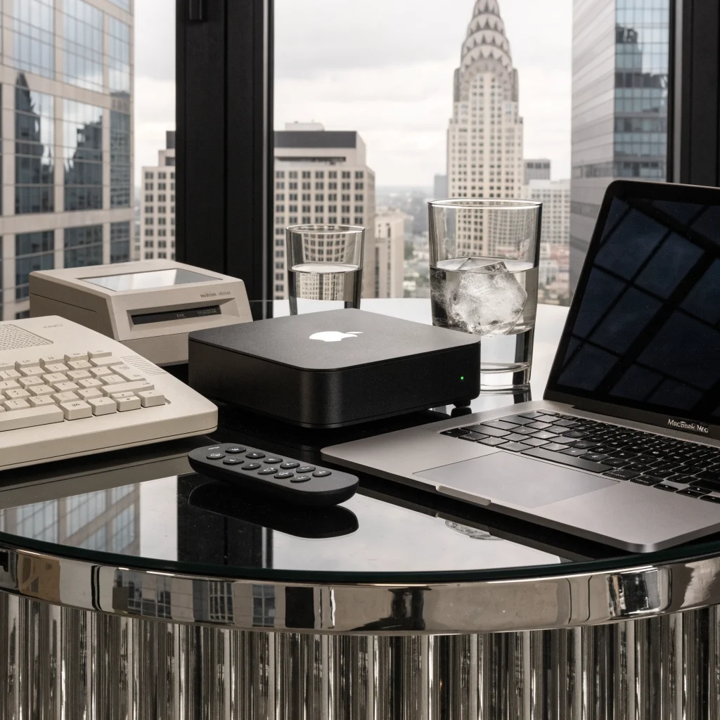 A realistic photo of a new Apple TV 4K alongside vintage Apple products and a MacBook Neo on a sleek modern table.