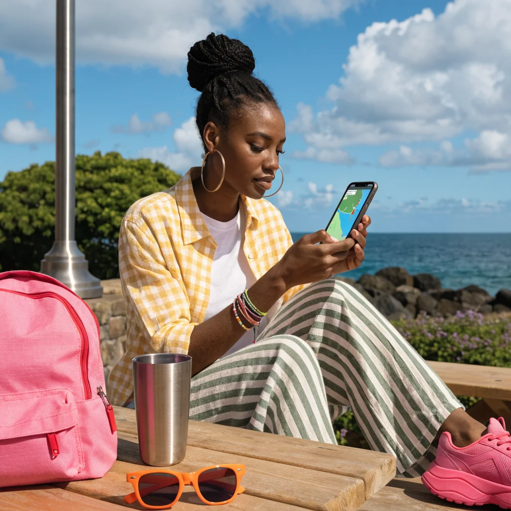 A traveler using a smartphone with AI travel apps for smooth navigation and organized trip planning in a scenic destination.
