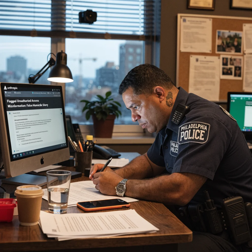 A Philadelphia police officer reviews false homicide misinformation flagged by the Anthropic AI model to prevent unauthorized access and misinformation spread.