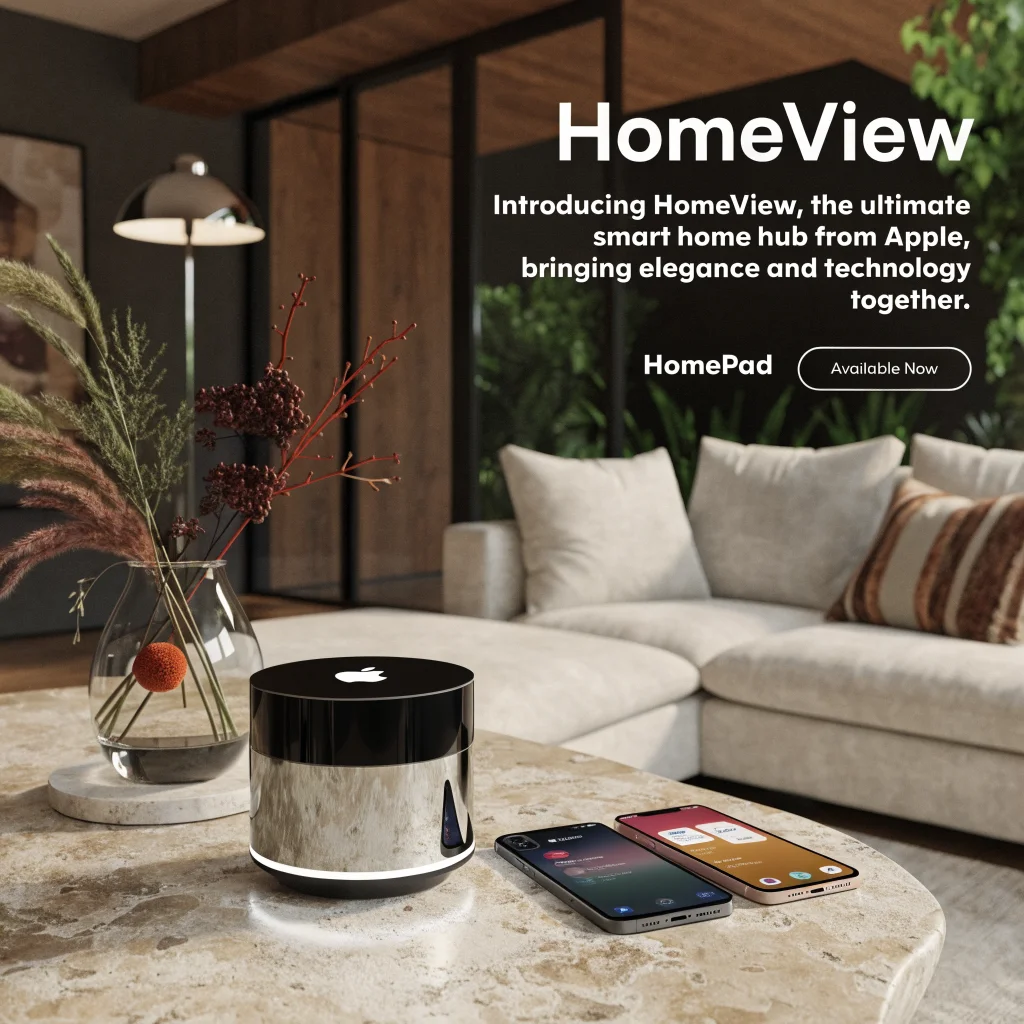 A sleek Apple HomeView smart home hub displayed in a modern living room during an Apple product launch event showcasing the updated HomePad branding.