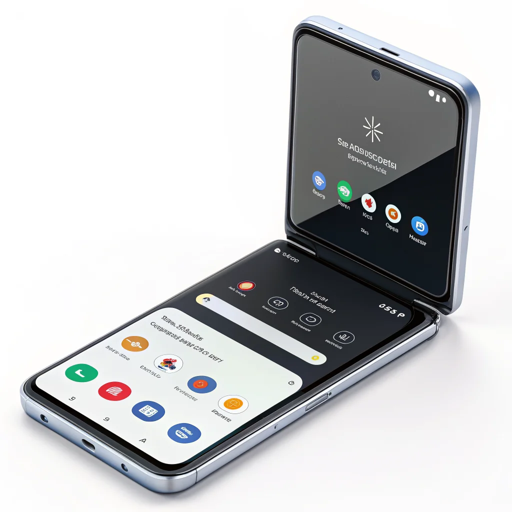 A Samsung Galaxy Z Flip 7 displaying a minimalist Pixel-like Android launcher with dynamic theming and customization features on its screen.