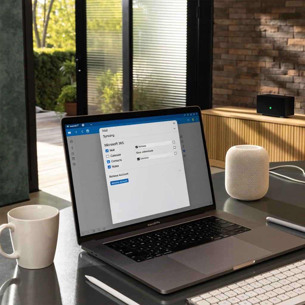 A Mac computer running macOS 27 with Apple Mail open, showing Microsoft 365 email syncing settings alongside an Apple HomePod mini and Apple TV 4K in a modern smart home environment.