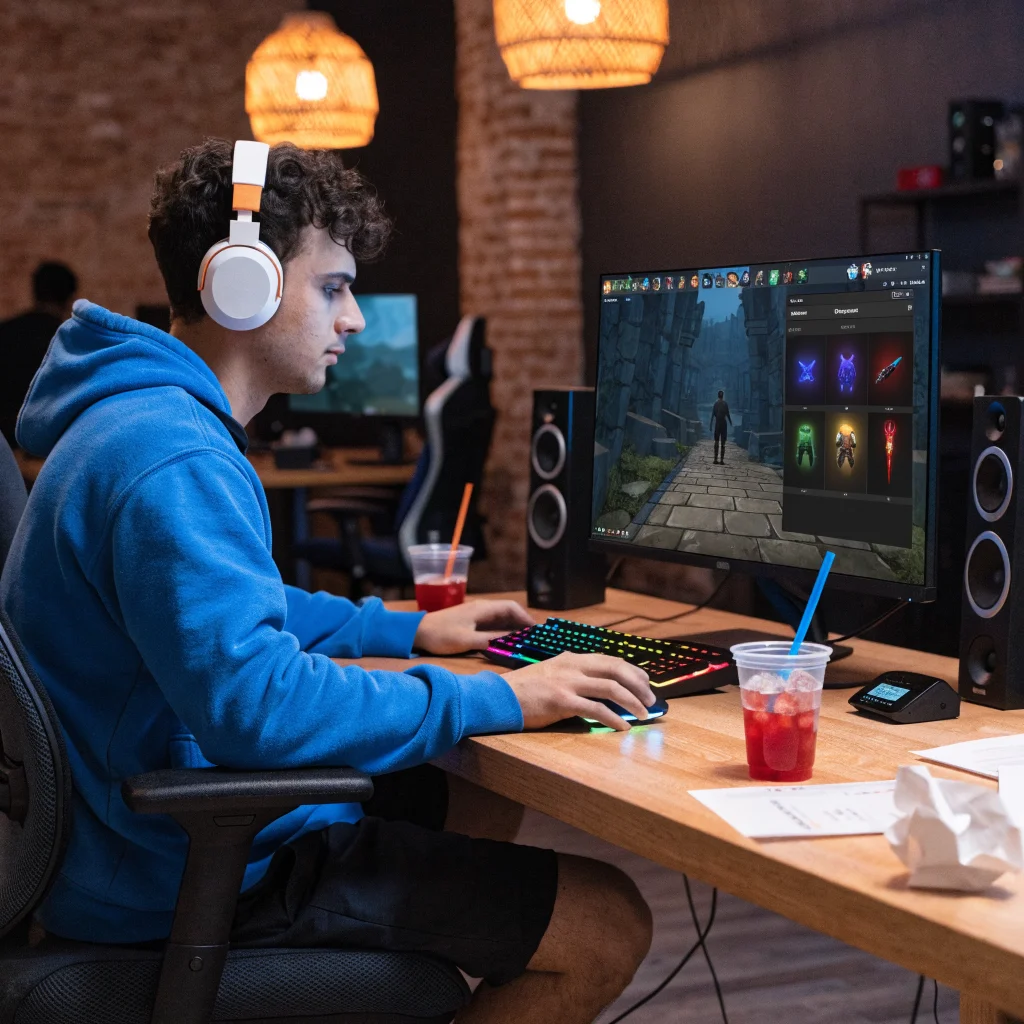 A realistic photo of a gamer playing World of Warcraft Classic with an open dungeon finder interface, surrounded by Azerite armor and Artifact weapon icons.