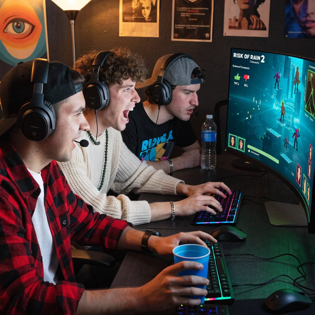 A detailed realistic photo of three gamers enthusiastically playing Risk of Rain 2's Hallowed Concepts DLC on a PC with Steam reviews visible on screen.