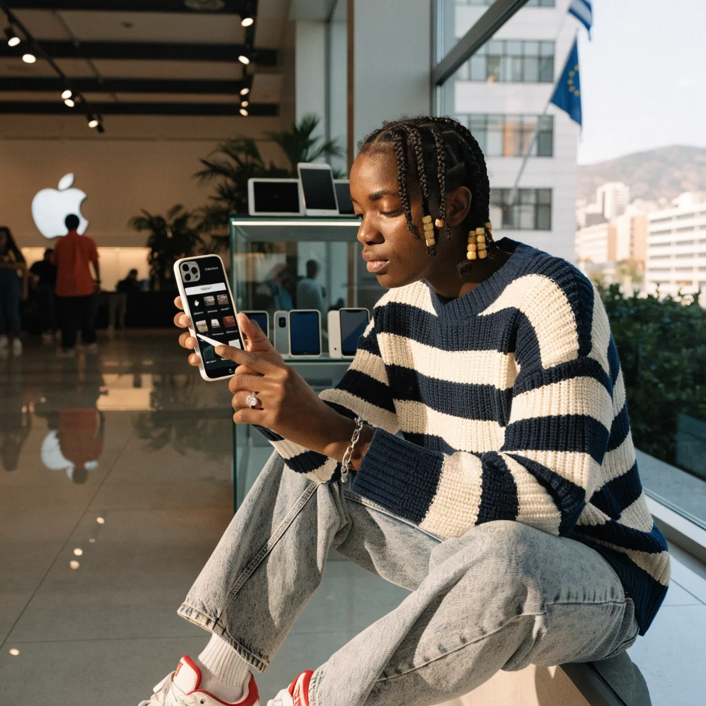 A realistic photo of a person customizing their iPhone Duo with personalized startup settings inside an Apple Store in Greece.