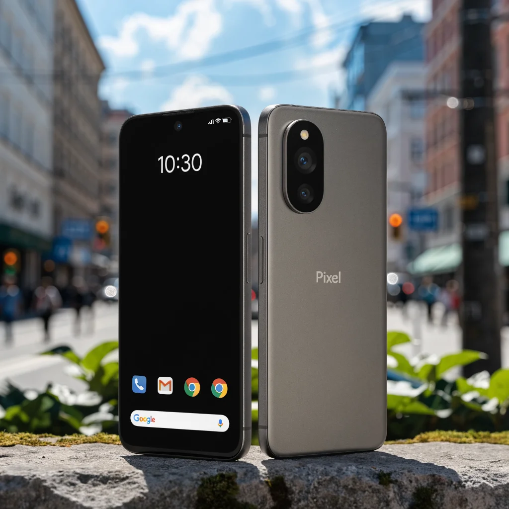 A realistic photo of a Google Pixel 10a smartphone showcasing its simple design, reliable features, and high-quality camera for calls and emails.