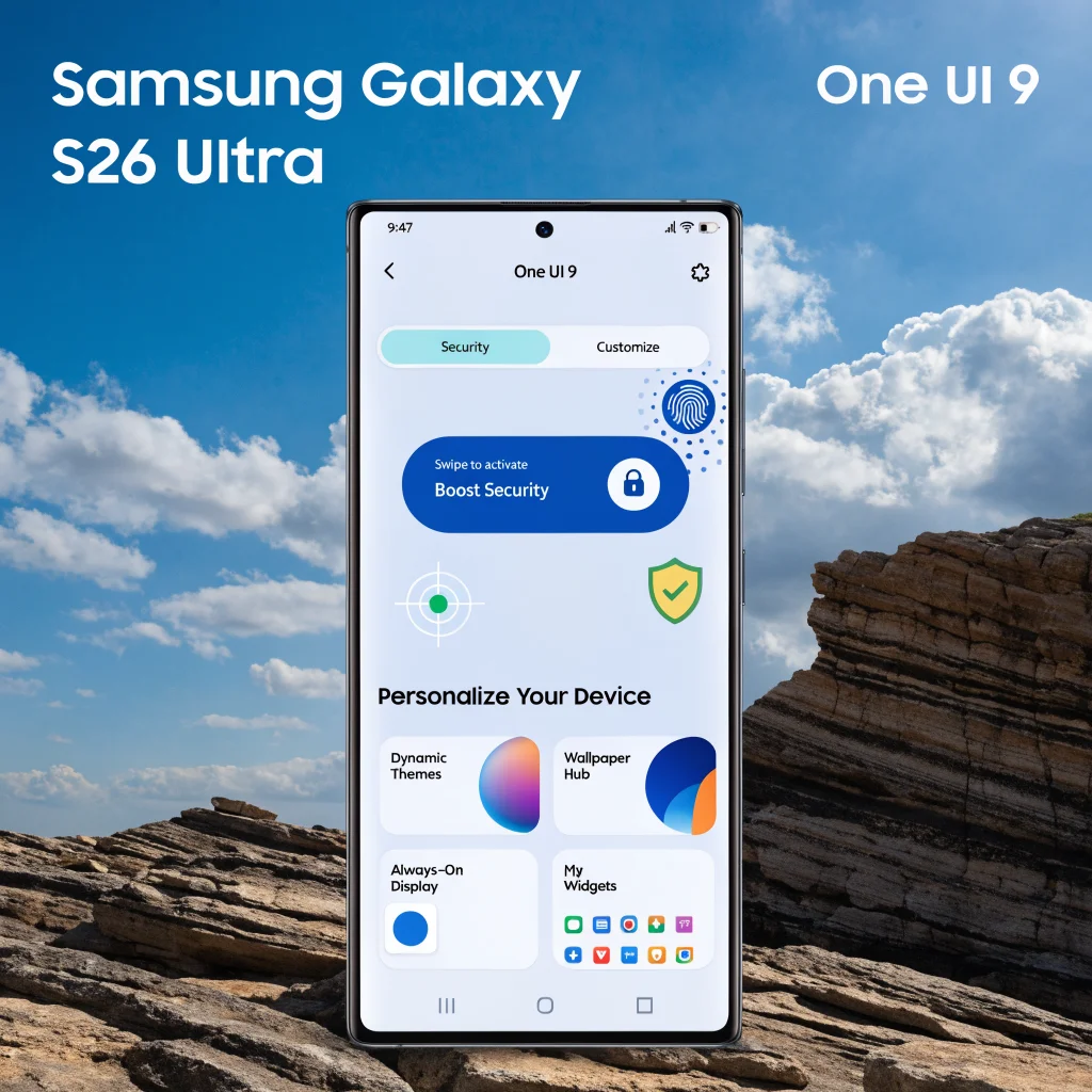 A Samsung Galaxy S26 Ultra smartphone displaying the One UI 9 update interface with enhanced security features and customization options.