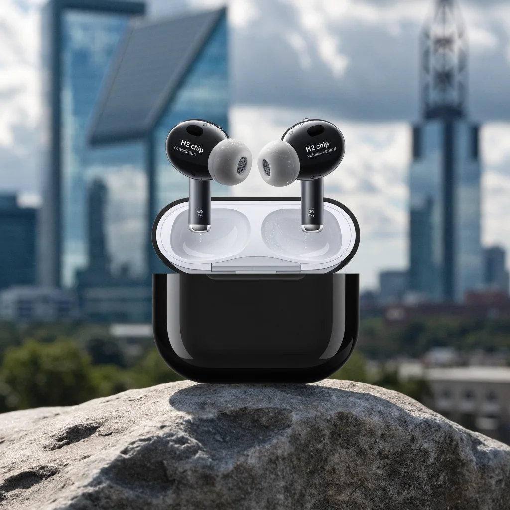 A realistic photo of the AirPods 5 in a wireless charging case showcasing Active Noise Cancellation, IP57 water resistance, H2 chip, and swipe volume control features.