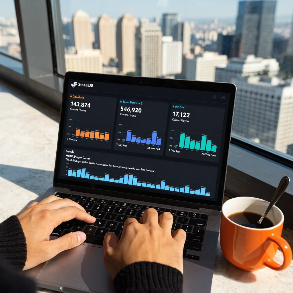 A realistic photo of a computer screen displaying SteamDB statistics for Deadlock, Team Fortress 2, and Artifact, highlighting concurrent player counts and MOBA trends.
