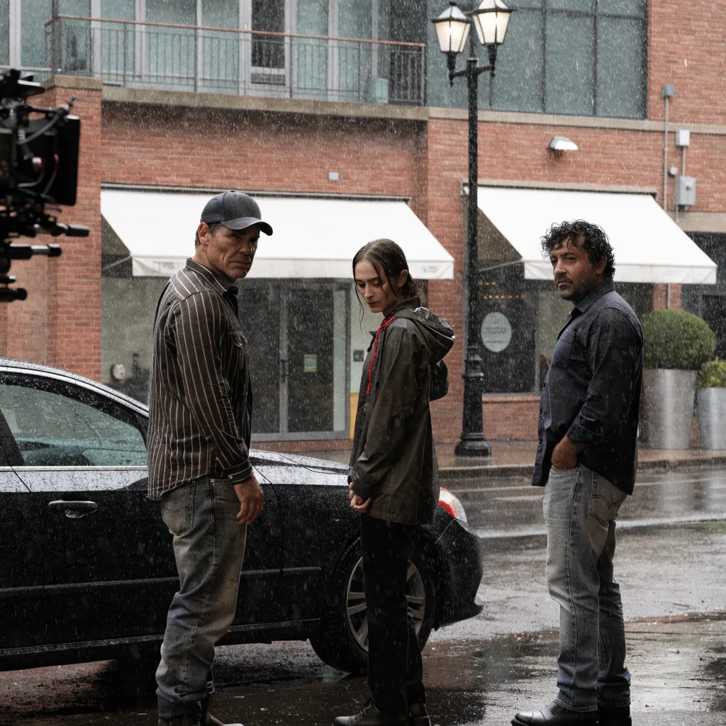 A realistic photo of Josh Brolin on set of the new Sicario movie directed by Taylor Sheridan, with Emily Blunt and Benicio Del Toro present.