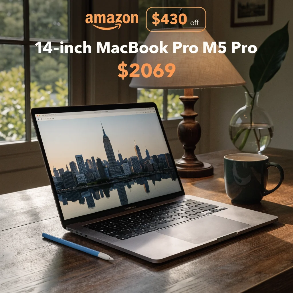 A 14-inch MacBook Pro M5 Pro on a wooden desk with an Amazon discount tag showing $430 off and price $2069.