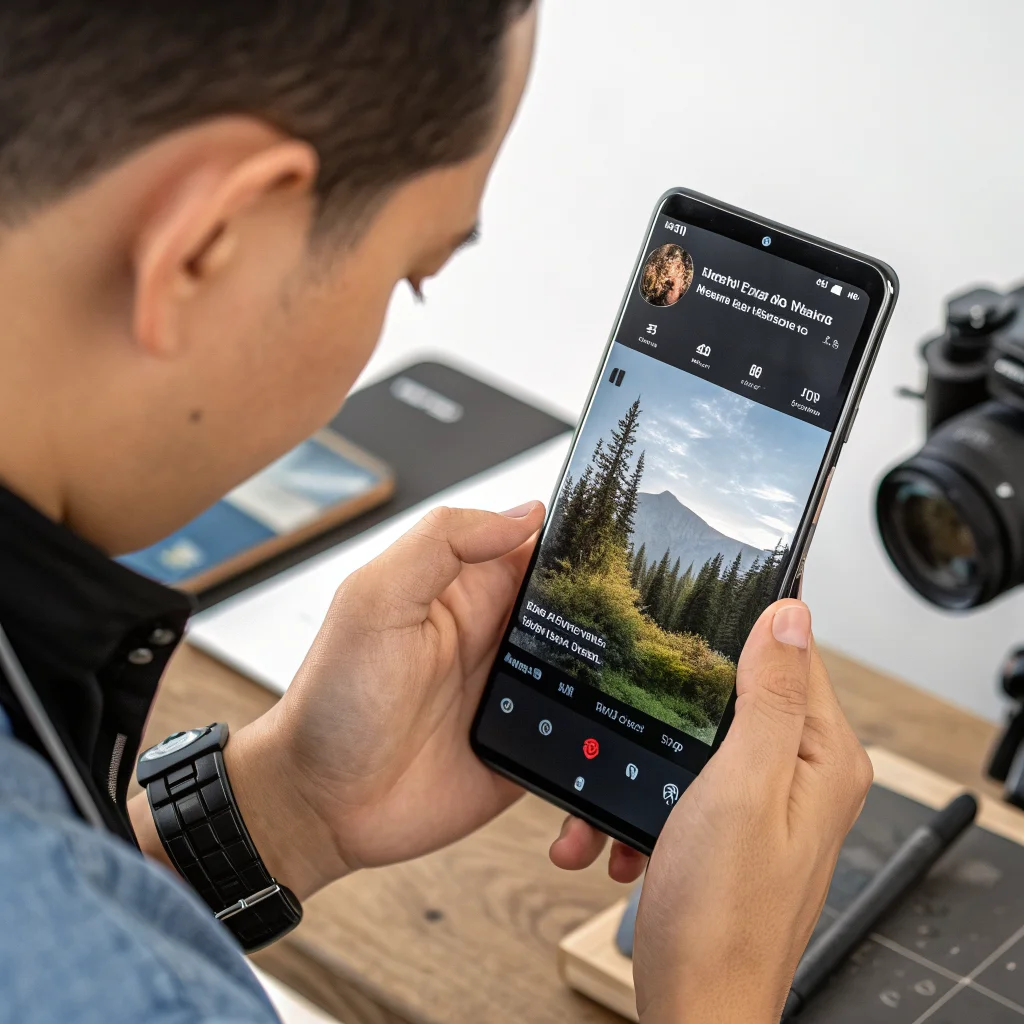 A person editing a photo on an Android phone using the free CalibRaw app featuring AI tools and preset filters for non-destructive RAW image processing.