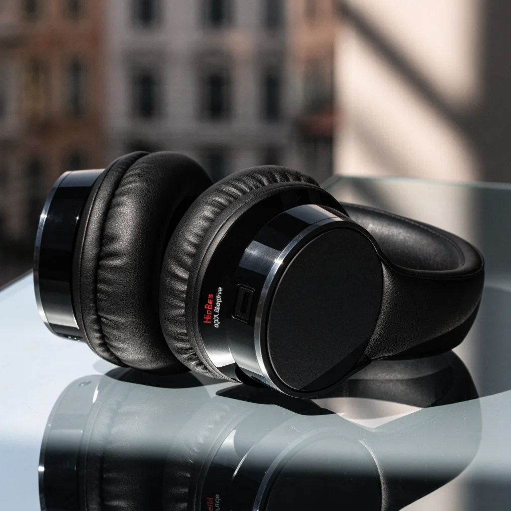 A close-up photo of high-quality wireless Bluetooth headphones showcasing Hi-Res stereo sound and advanced Bluetooth audio compression technology.