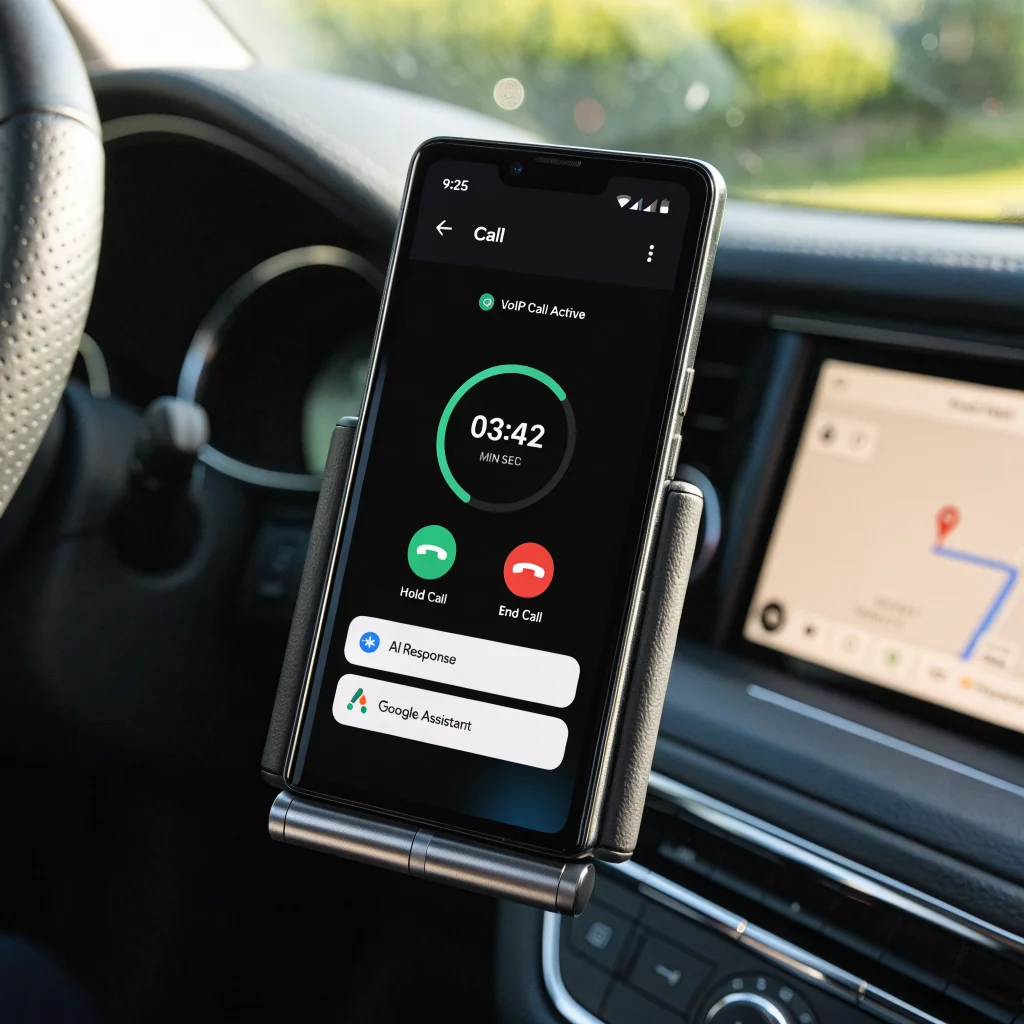 A close-up photo of a Motorola Razr Ultra smartphone running Android Auto, showing a phone call interface enhanced by AI technology and Google Assistant.
