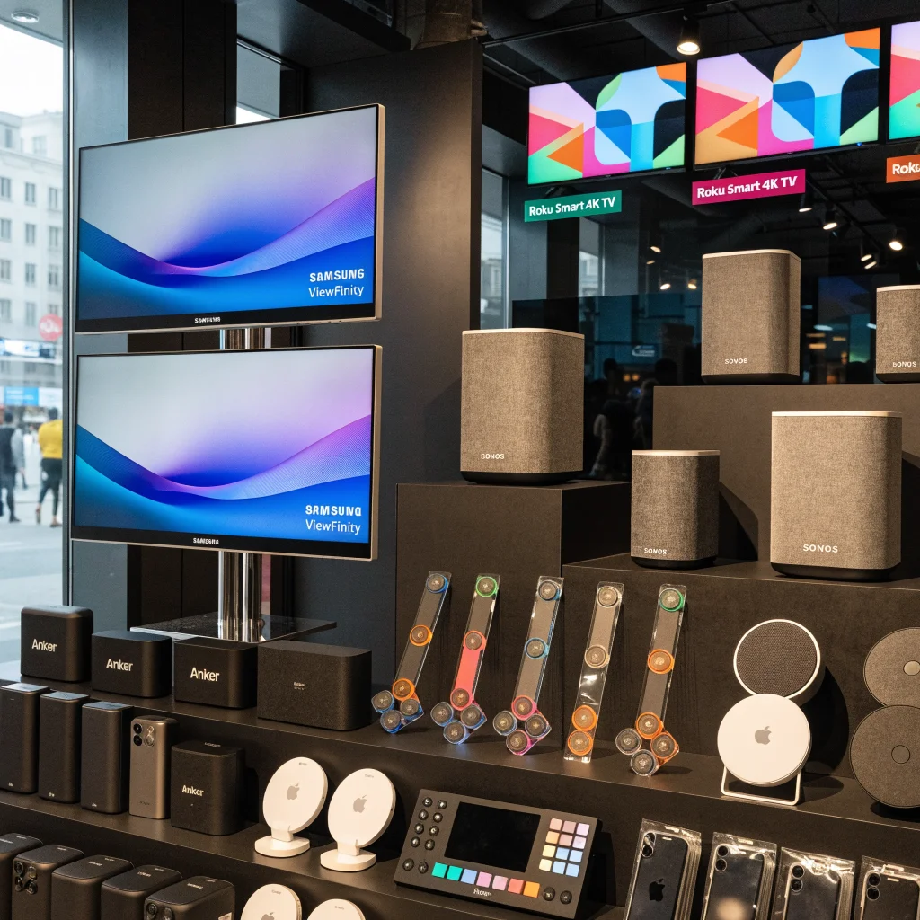 A realistic photo of a modern tech store display featuring Samsung ViewFinity monitors, Sonos speakers, Roku Smart 4K TVs, Anker chargers, Nanoleaf smart lighting, Elgato Stream Deck, wireless chargers, iPhone screen protectors, and Aqara smart plugs.
