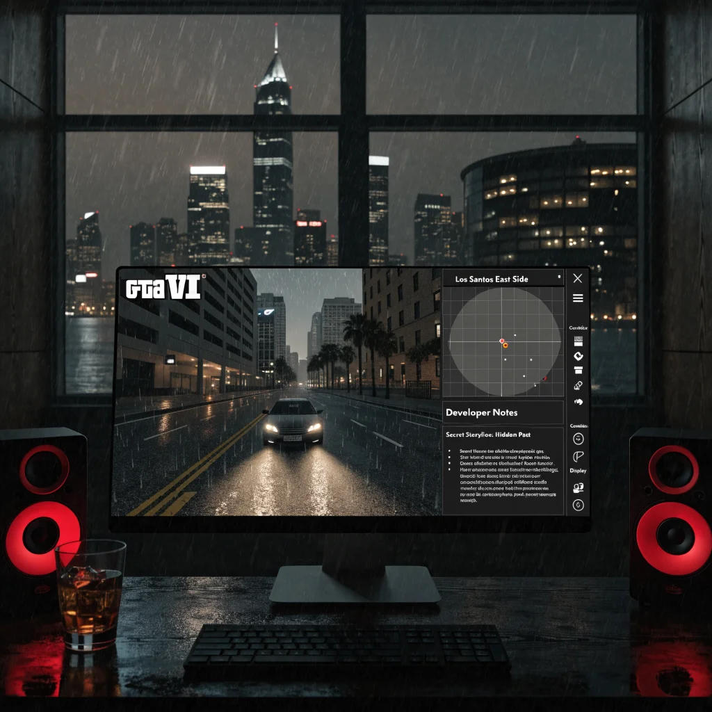 Realistic photo of a computer screen showing leaked GTA 6 game footage with developer notes and a detailed storyline displayed.