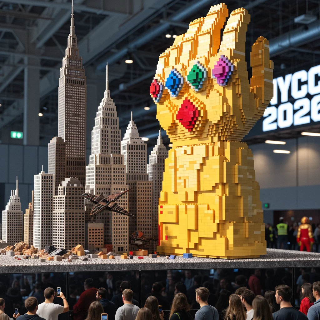 A realistic photo of a detailed Lego display at New York Comic Con 2026 featuring a Marvel and Star Wars mashup with Infinity Gauntlet and Skyline sets.
