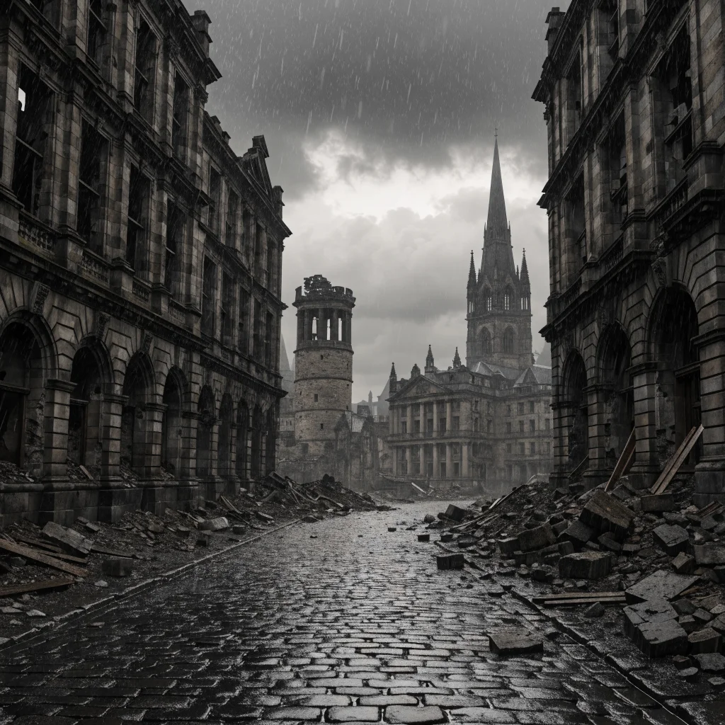 A cinematic, post-apocalyptic photo of Glasgow, Scotland inspired by Fallout 5 by Bruce Nesmith, showing a puritanical style with ruined city landmarks.