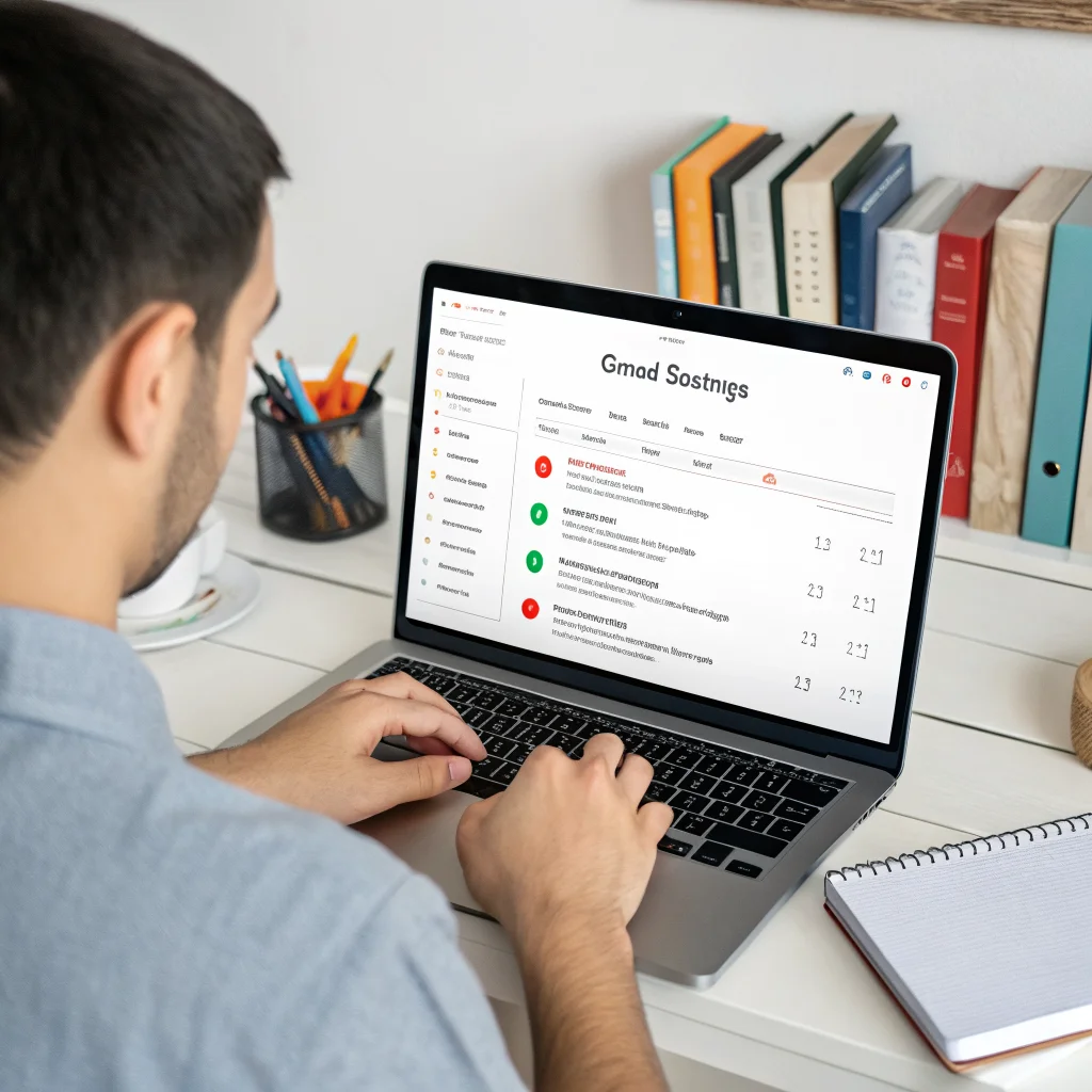 A person adjusting Gmail settings on a laptop to improve email productivity and manage conversation history effectively.