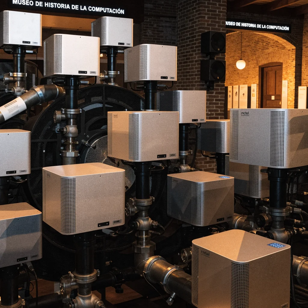 A photo of 30 Intel Mac mini computers arranged in parallel computing setup at Museo de Historia de la Computacion, simulating Cray-1 supercomputer performance with efficient cooling.