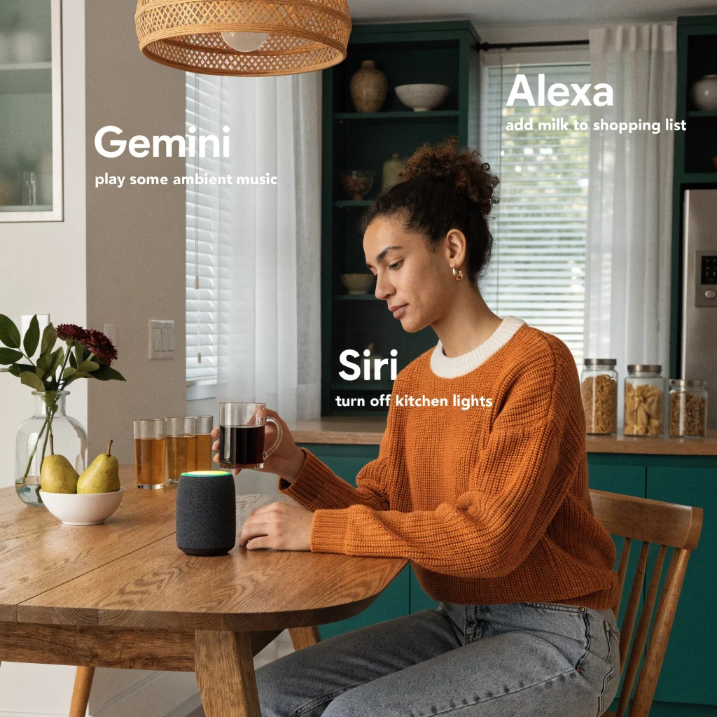 A realistic photo of a person using a Google Home device while interacting with Gemini AI, Siri, and Alexa smart assistants in a modern smart home environment.
