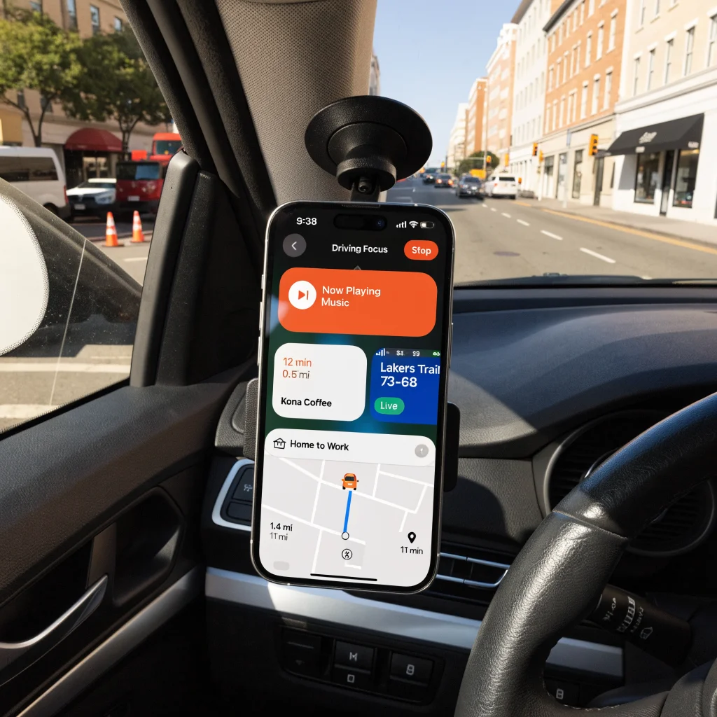 A realistic photo of an iPhone 14 Pro screen showing Live Activities and Dynamic Island notifications alongside CarPlay interface with Driving Focus active.
