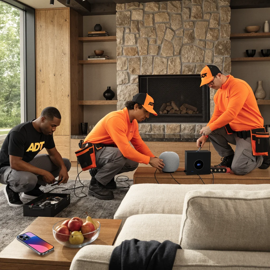 Realistic photo of a modern smart home setup featuring Apple devices like iPhone 18 Pro, new Apple TV 4K, HomePod mini, and ADT low voltage technicians installing security systems.