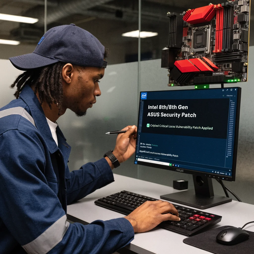 A technician applying an ASUS BIOS security patch to an Intel 8th or 9th generation ROG Strix or Maximus motherboard to fix a critical local access vulnerability.