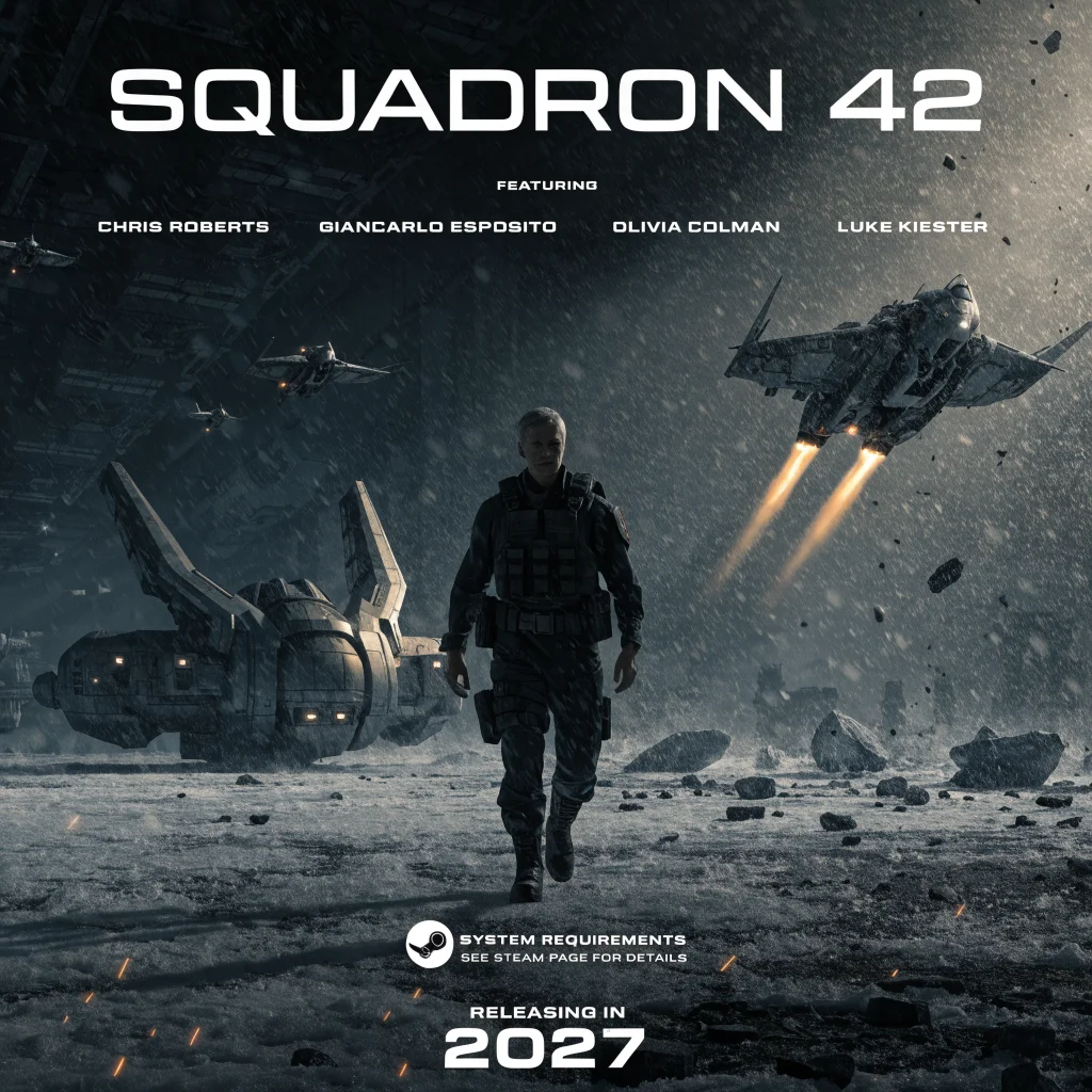 Realistic promotional photo of Squadron 42's sci-fi military game showing Chris Roberts with known actors, Steam page system requirements, and 2027 release date.