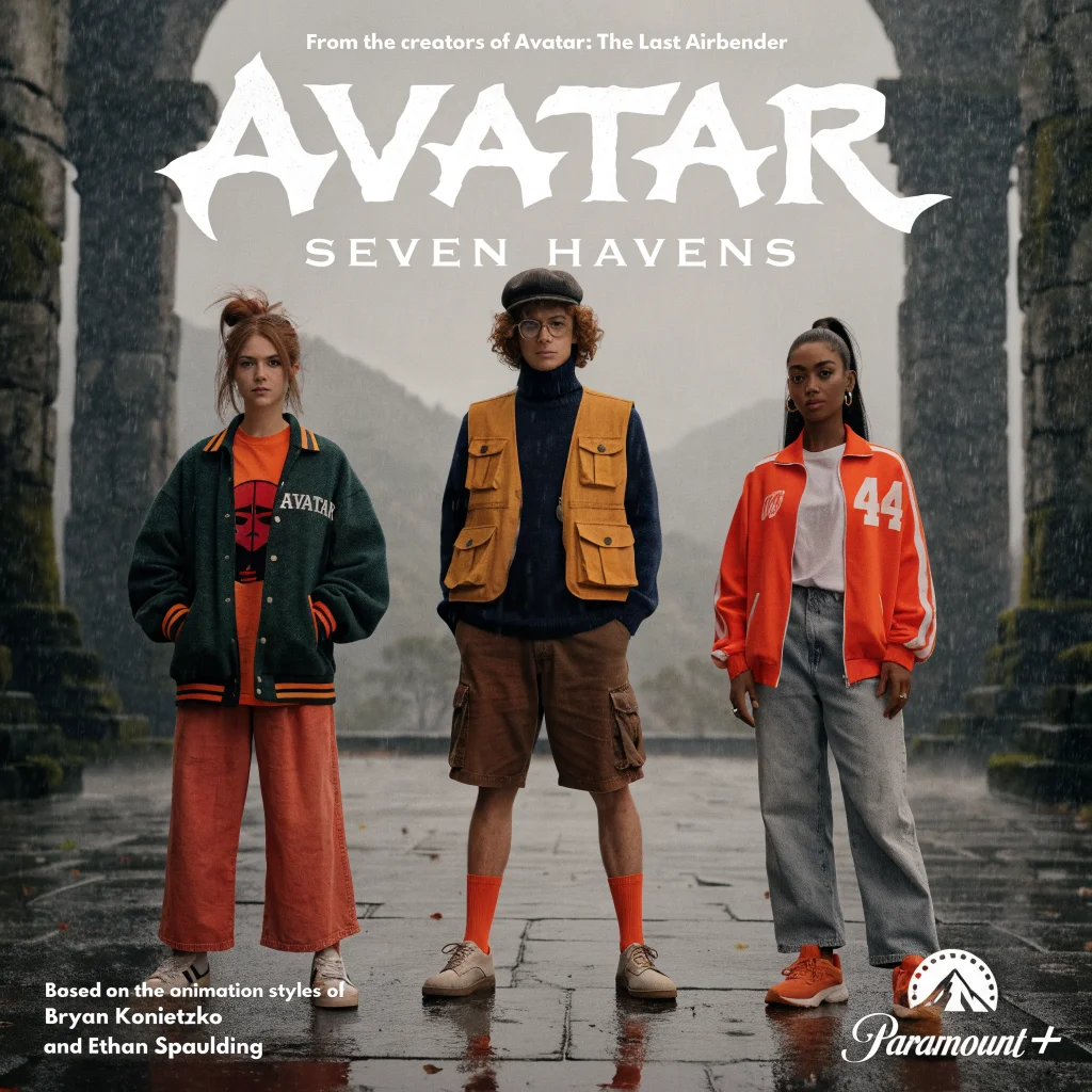 A realistic photo of Avatar Seven Havens characters Korra, Pavi, and Nisha in 70s anime style animation, inspired by Bryan Konietzko and Ethan Spaulding, on Paramount+.