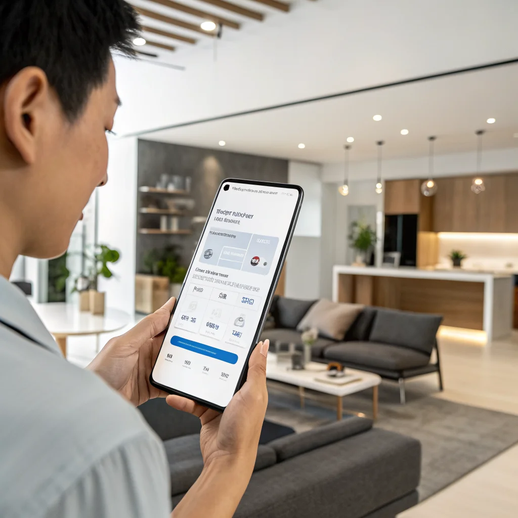 A realistic photo of a person using a Pixel 8 smartphone, showcasing Android automation and workflow modes on the screen in a modern setting.