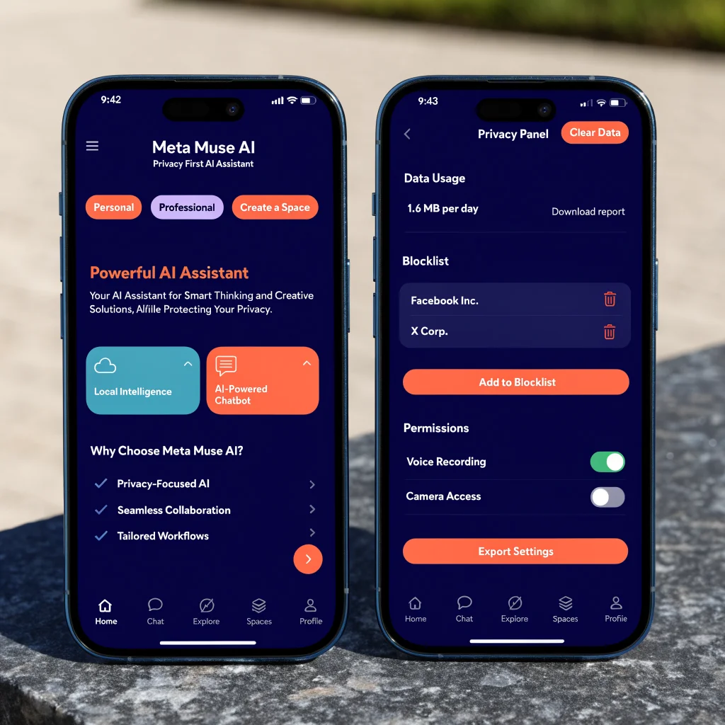 A smartphone displaying Meta Muse AI apps focused on privacy and data protection, highlighting alternatives to Meta AI in a mobile Android environment.