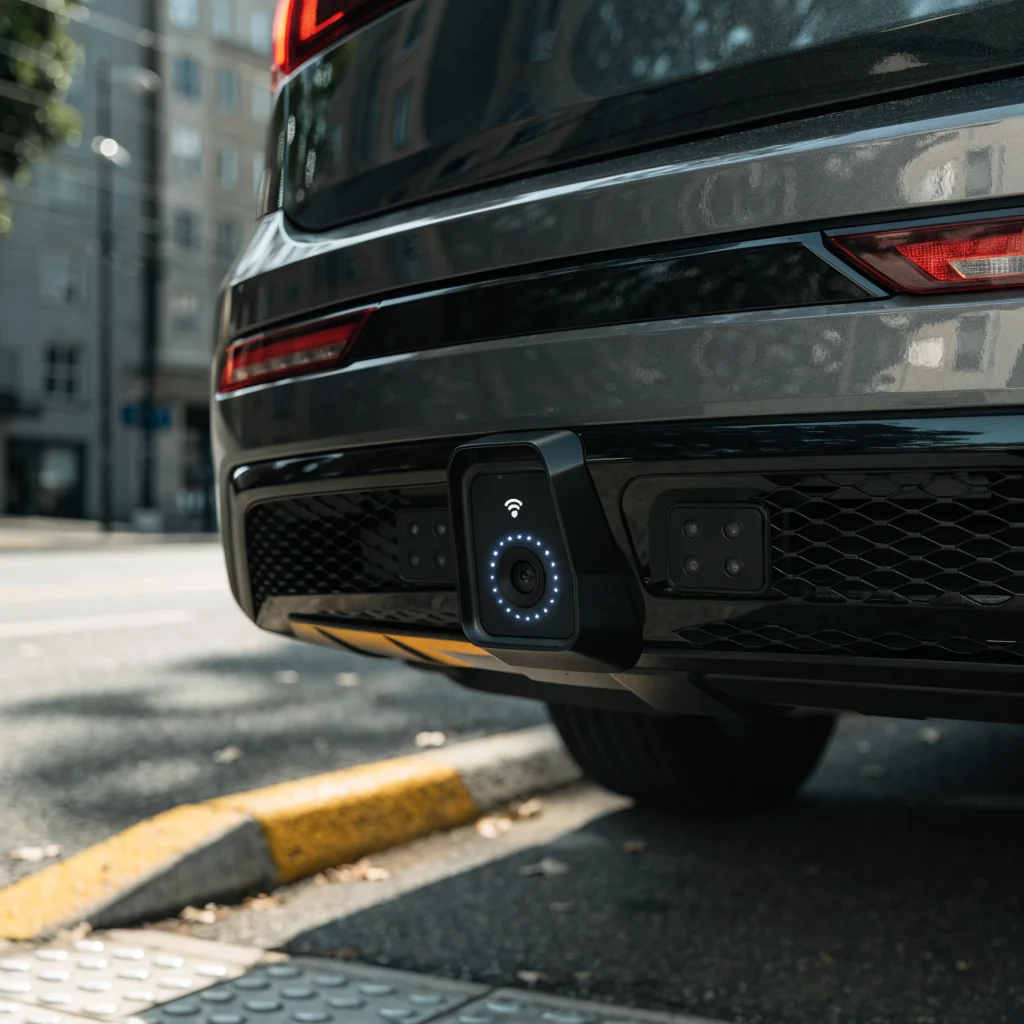 A close-up photo of a wireless car backup camera with parking sensors installed on a vehicle, showing a wide-angle lens and a Wi-Fi signal icon.