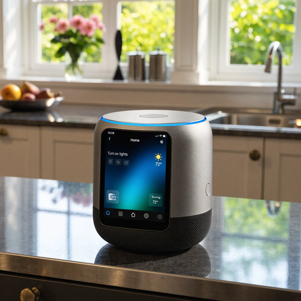 Realistic photo of the new Apple Home Hub with 6-inch screen, A18 chip, running HomeOS, showing the Apple Home app interface and Siri AI voice command.
