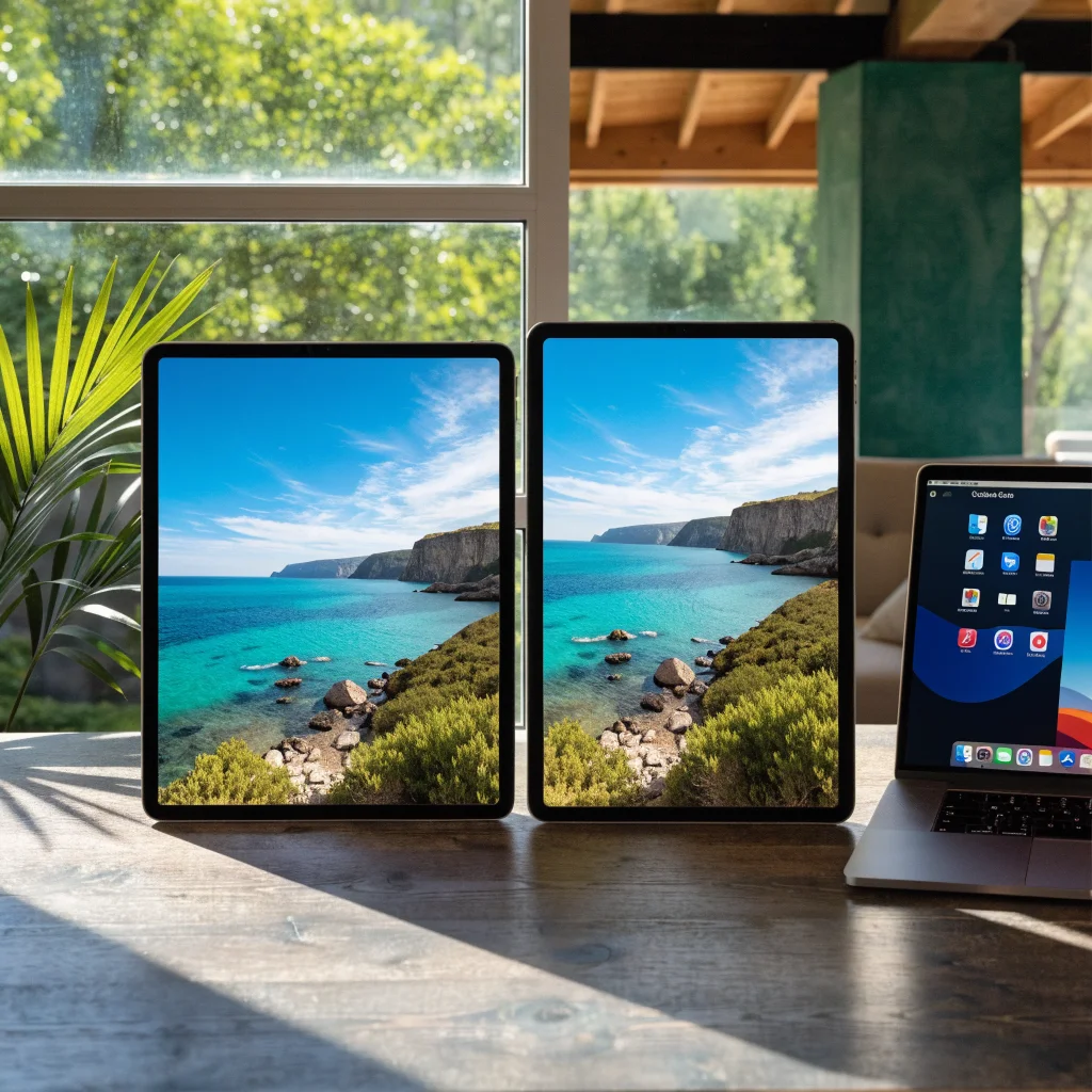 A side-by-side comparison of the latest Apple iPad models featuring OLED displays and a MacBook running macOS Golden Gate in a modern tech workspace.