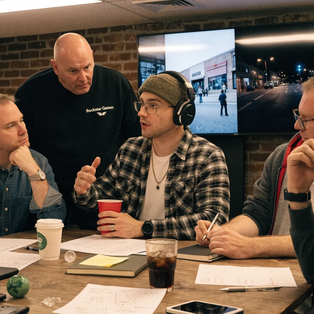 A realistic photo of a Rockstar Games developer team meeting discussing pedestrian dialogue and in-game radio content for GTA 6's open world narrative.