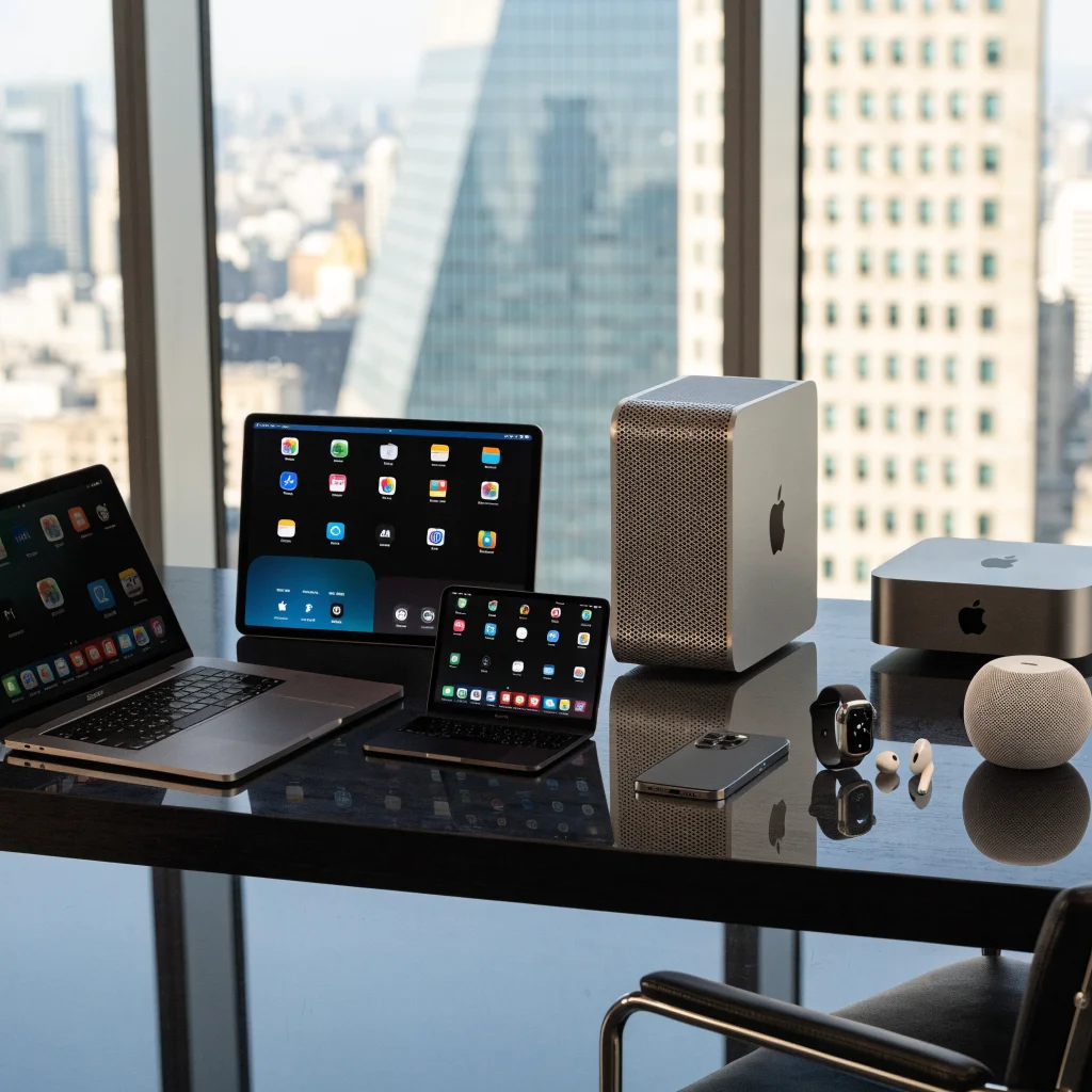 A realistic photo of various Apple devices including Touch MacBook Pro, iPad Pro running macOS, MacBook Neo, Mac Studio, iPhone 17, Apple Watch Series 11, AirPods, Apple TV 4K, and HomePod mini on a sleek modern desk.