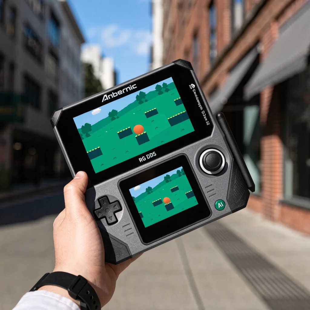A realistic photo of an Anbernic RG DDS dual-screen handheld gaming console featuring a 5:3 top screen, 4:3 bottom screen, analog joystick, capacitive stylus, AI button, and Snapdragon G2 Gen 2 logo.