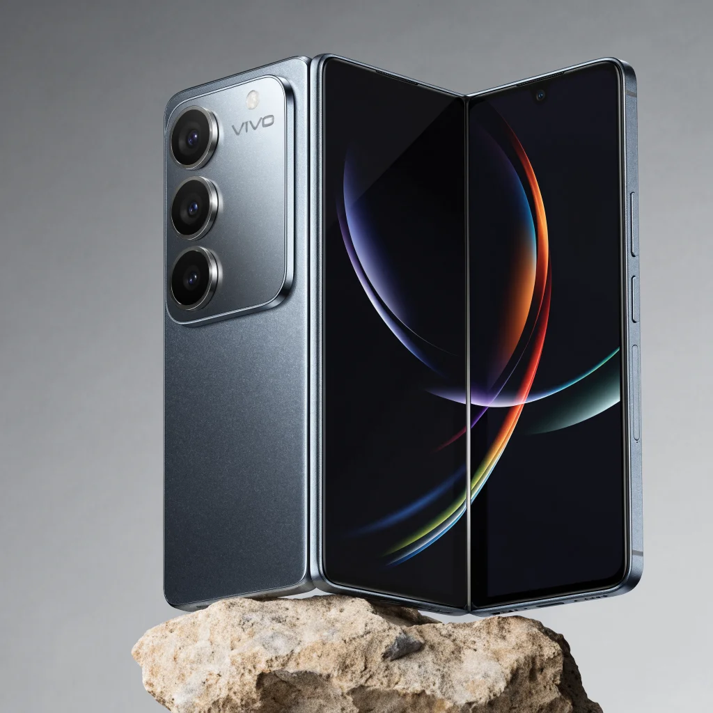 Close-up photo of the Vivo X Fold 6 smartphone highlighting its triple-lens camera, large foldable display, and sleek design against a neutral background.