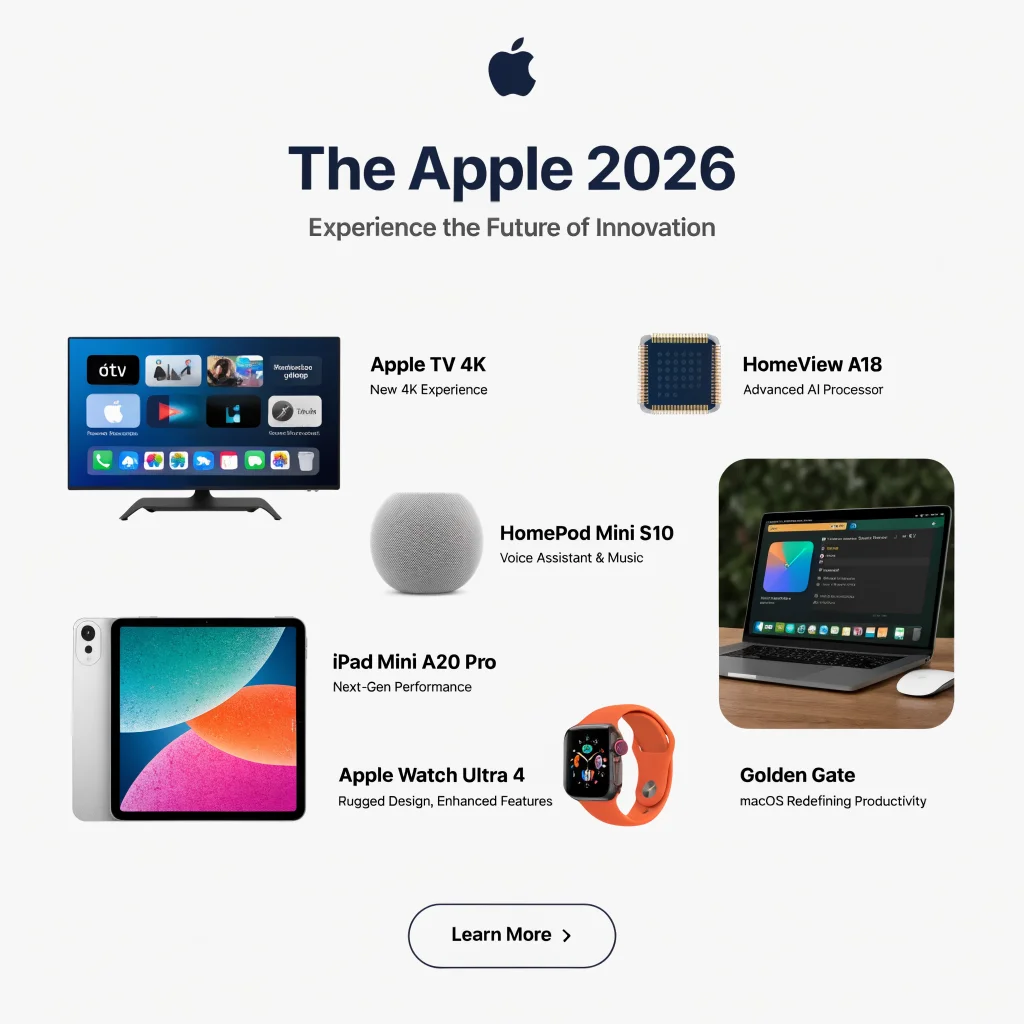 A sleek display showcasing Apple's latest 2026 devices including Apple TV 4K, HomeView A18 chip, HomePod Mini S10, iPad Mini A20 Pro, Apple Watch Ultra 4, and macOS Golden Gate interface.