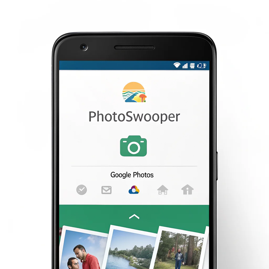 A smartphone screen displaying the PhotoSwooper app automatically deleting duplicate photos to optimize storage and save space on Google Photos without subscription.