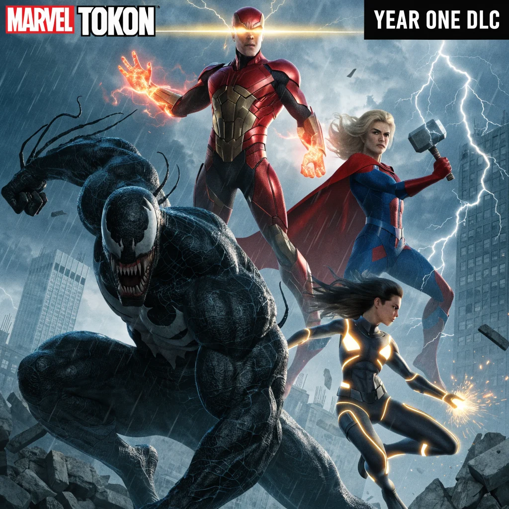 A detailed Marvel Tokon video game box art featuring Venom, Phoenix Cyclops, Jane Foster Mighty Thor, Jubilee, and Mjolnir characters with Year One DLC branding.