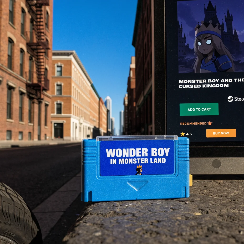 A retro Sega Master System game cartridge of Wonder Boy in Monster Land next to a computer screen showing a Steam store page with Monster Boy and the Cursed Kingdom.
