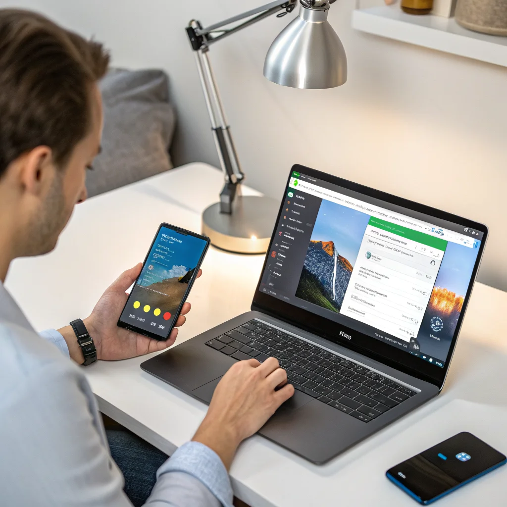 A realistic photo of a person using KDE Connect on Android and Windows, syncing notifications and sharing files over a local Wi-Fi network.