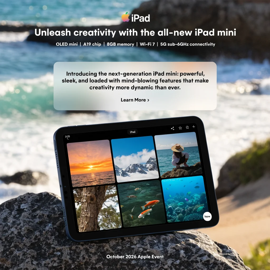 A realistic photo of the new Apple iPad OLED mini with A19 chip, 8GB memory, Wi-Fi 7, 5G sub-6GHz connectivity, displayed at the October 2026 Apple event.